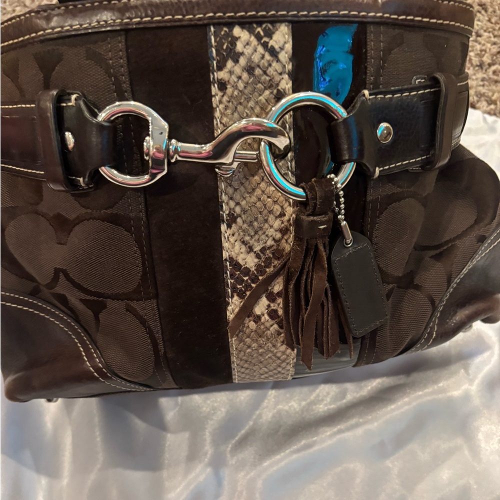 Coach Legacy Horsebit Hobo Brown Signature with Tassel & Python Trim